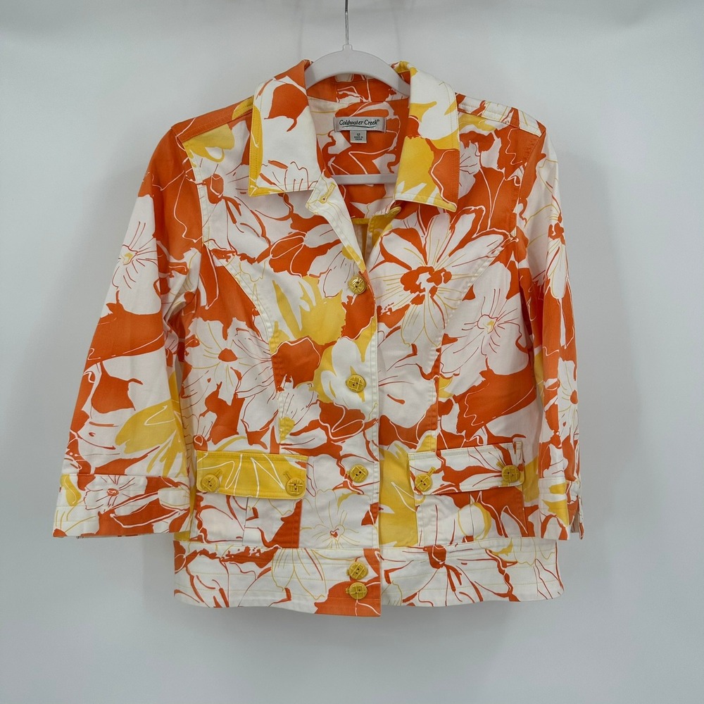 Coldwater Creek Womens Floral Tropical Trucker Jacket Sz 12 Colorful Bold Brunch